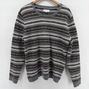 Free Assembly Mens Fair Isle Striped Crewneck Sweater Grey Black Medum cozy